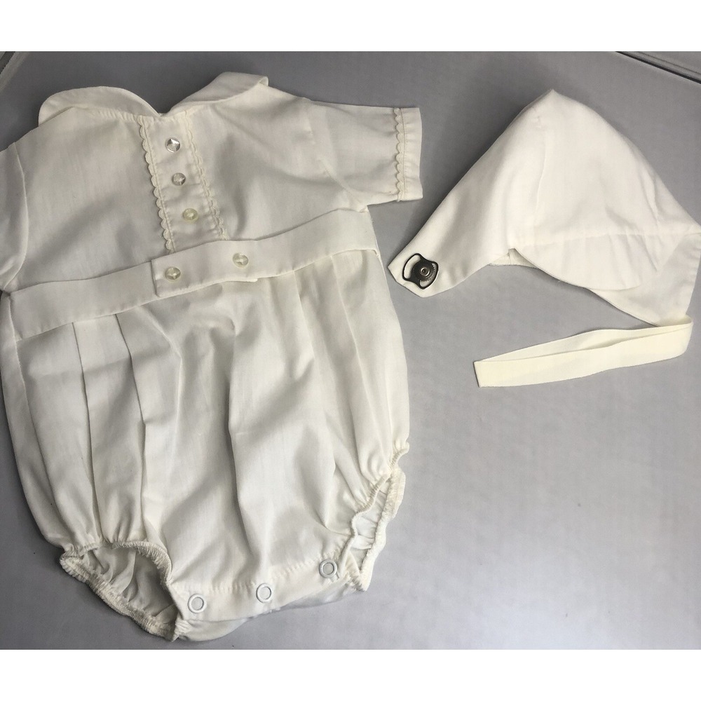 Vintage Baptism Christening Boy's One Piece Outfit w/Bonnet Size 3-6 months‎